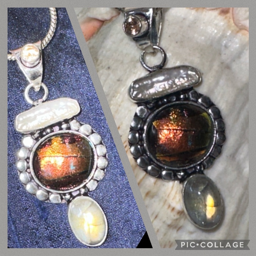 Sale* Dainty Dichroic Rainbow + Labradorite + Biwa Pearl  statement pendant